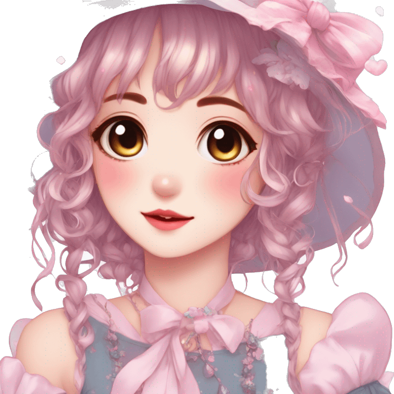 Gorgeous anime style lady with blushing face and accessories cottagecore fairycore Kawaii anime colorful pearly romantic aesthetic trending style emoji