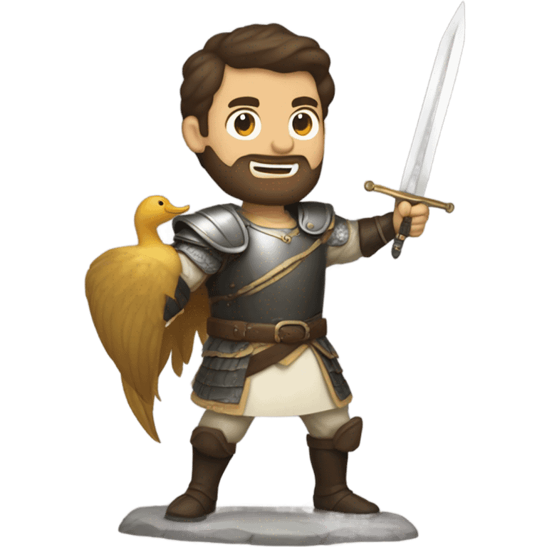 Confident armored White Man with dark brown hair and a short beard pointing forward with one arm holding a sword and yelling a battle charge while riding on the back of a giant duck emoji