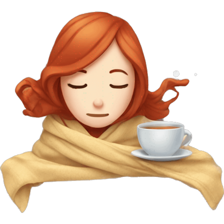 red hair girl wrapped in blanket drinking tea with eyes closed emoji