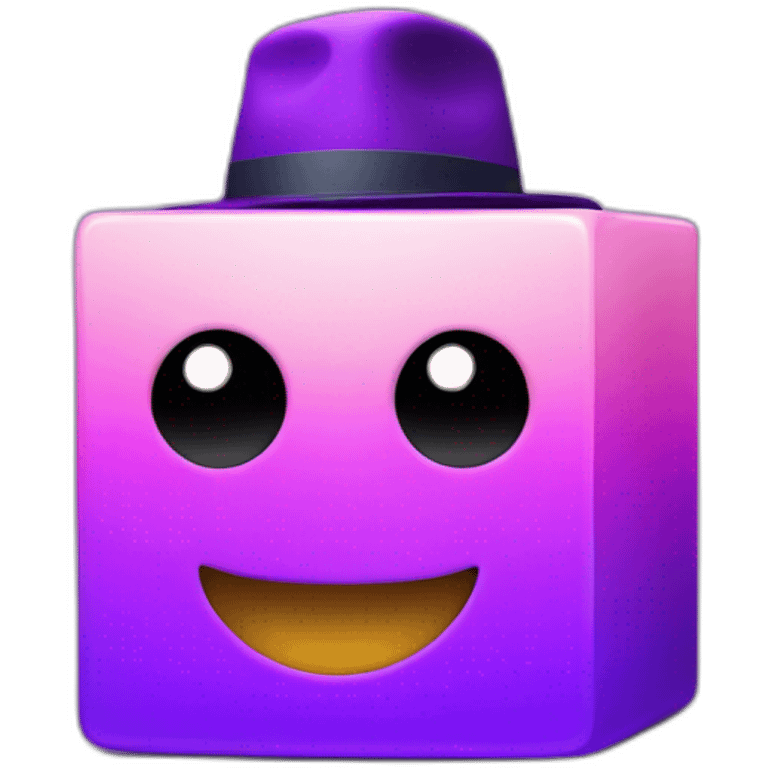 purple gradient smiling cube with 2 hands on its side and 2 legs below with a hat emoji