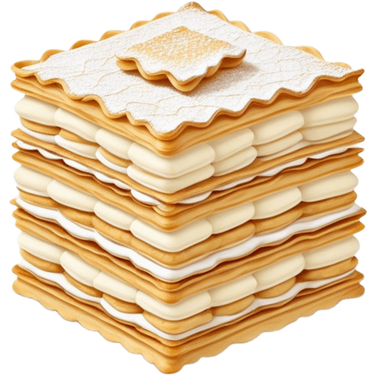 Cinematic delicate mille-feuille, thin crispy pastry layers filled with smooth vanilla cream, dusted with powdered sugar, elegant presentation, highly detailed and sophisticated. emoji