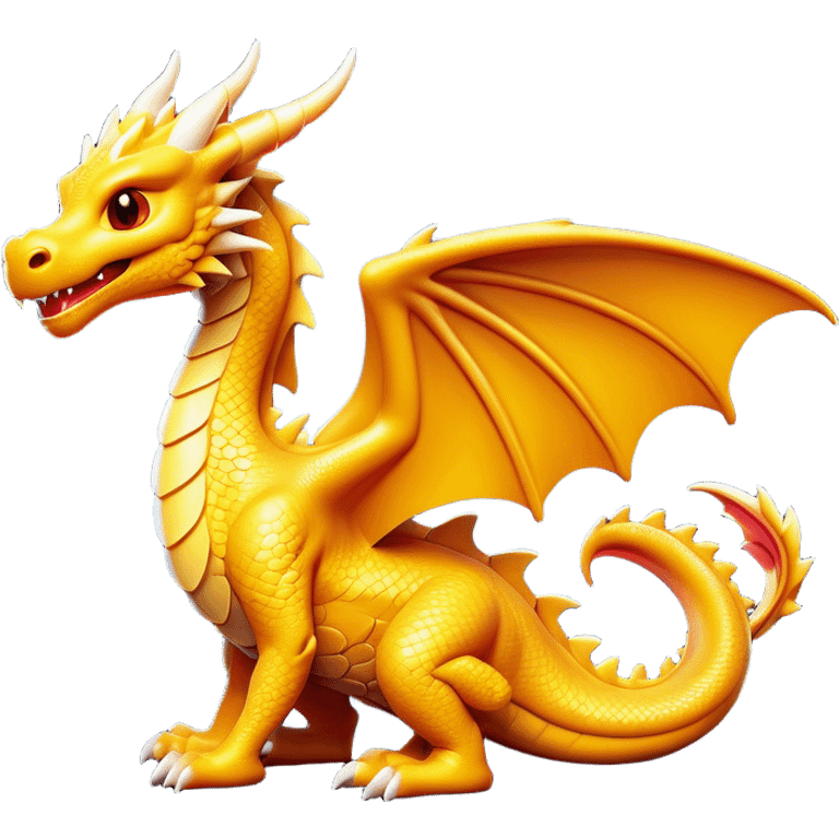 Clash of Clans aesthetic: Cinematic Playful Dragon Emoji, rendered in a 3D vector-style similar to standard emojis with minimal shading and bold, simplified shapes. A compact, isometric dragon with majestic wings and intricately scaled details, softly glowing with a legendary, mythical charm. Simplified yet unmistakably iconic, highly detailed and consistent, glowing with a soft radiant brilliance and high shine. Stylized with a touch of fantastical might and a soft glowing outline, capturing the essence of a mighty dragon with a friendly, playful demeanor! emoji