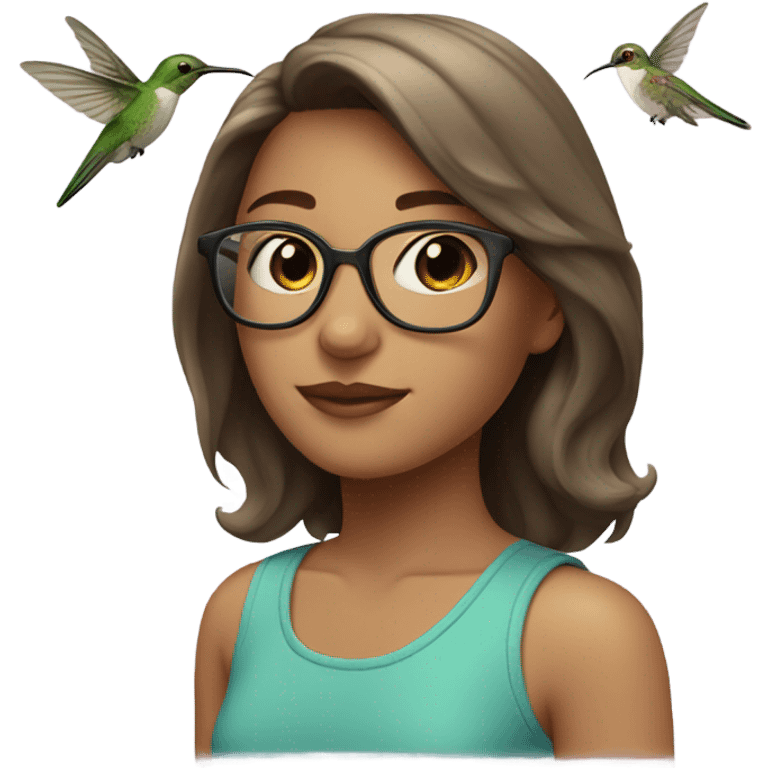 Girl pale , brunette, with short hair, wearing glasses with a hummingbird next to her emoji