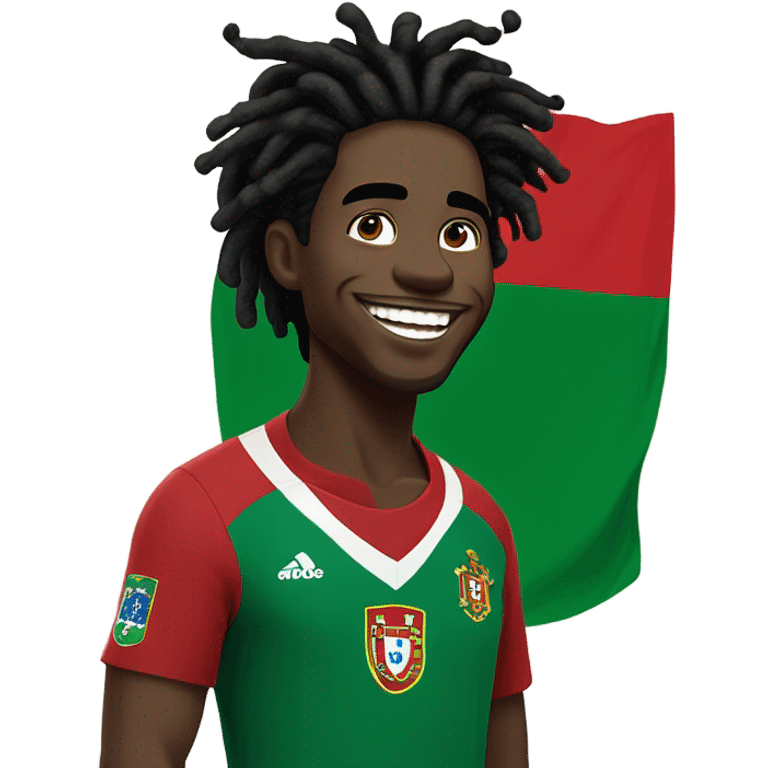  Young black man- 4 inch short black nappy messy dread locks-  low eyebrows - low eyes - no facial hair laughing Portugal jersey lean crazy smile  emoji