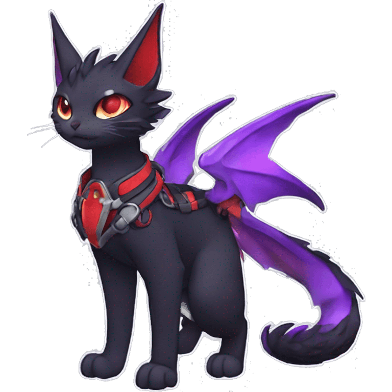 Kawaii cool edgy beautiful black red purple ethereal fantasy nargacuga-noivern-cat-Fakemon collar harness full body emoji