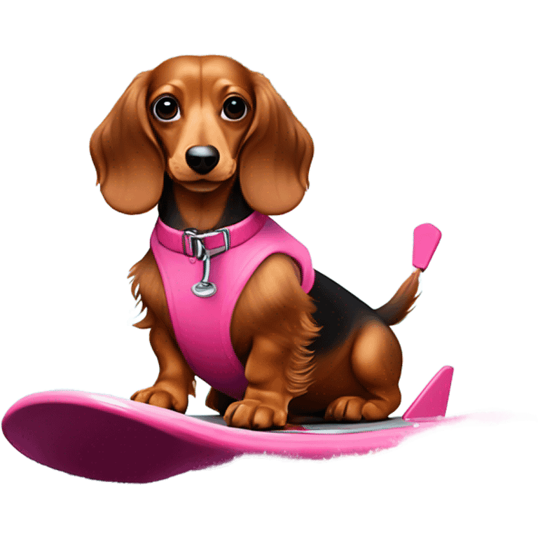 Long haired miniature dachshund red colour with pink collar on waterskis emoji