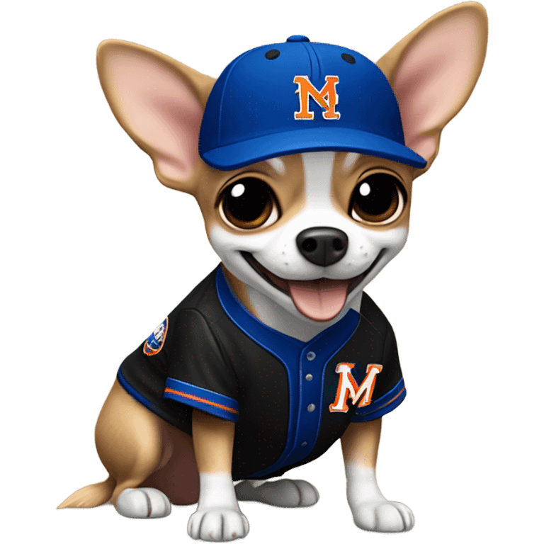 Chihuahua with a huge smile with a Black Mets uniform  emoji