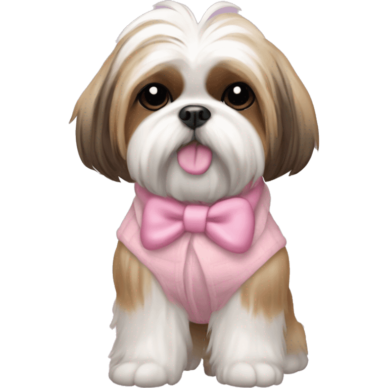 Shih tzu with tan and white fur with ponytail on top of head in pink bow and pink sweater emoji