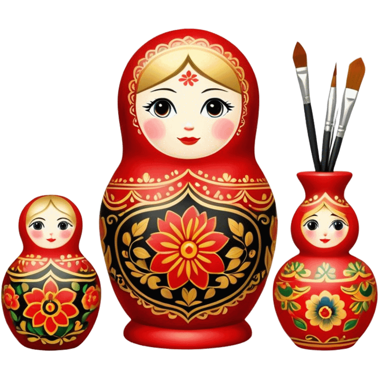 Wood painting icon, process of creating painted wooden matryoshkas (nesting dolls) of various sizes, vase, and small wooden box, visible carving tools, paintbrushes, traditional patterns in bright colors like red, gold, and black, no finished artwork, just the crafting process, minimalistic style, clean lines, transparent background. emoji