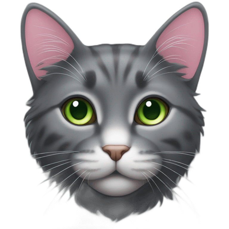 fluffy dark grey cat with pink nose, green eyes and white long whiskers, near the nose there are white spots emoji