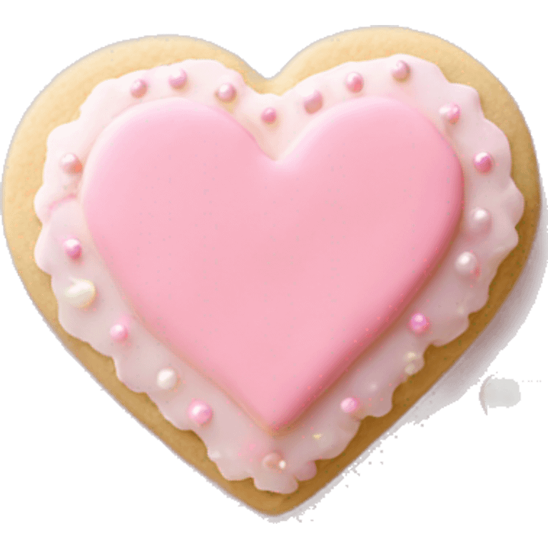 Singular heart shaped sugar cookie with baby pink icing and white pearl sprinkles  emoji