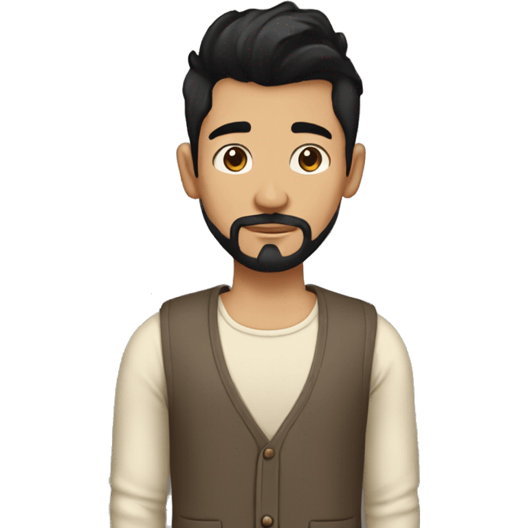 hipster guy with black slick hair, thick brown eyebrows, small beard in black shirt and cream cardigan emoji