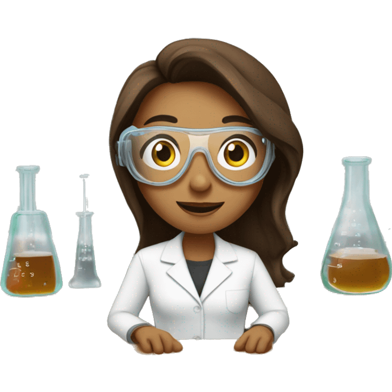 Woman with straight long brown hair wearing small clear goggles in a lab class with a traditional bench and beakers  emoji