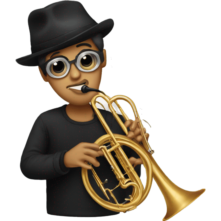 trombone player with black hat and eye glassed emoji