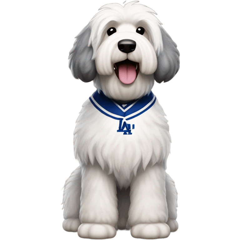 Old English Sheepdog full height wearing a dodgers jersey emoji