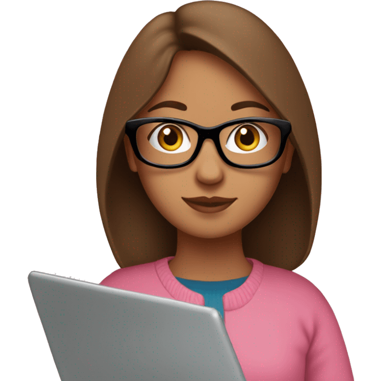 Girl with straight brown hair and black glasses frame and in pink sweater working behind laptop emoji