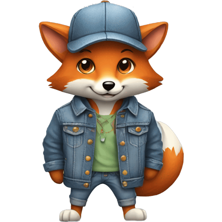 cartoon fox with mouse and denim jacket and hat and glass emoji