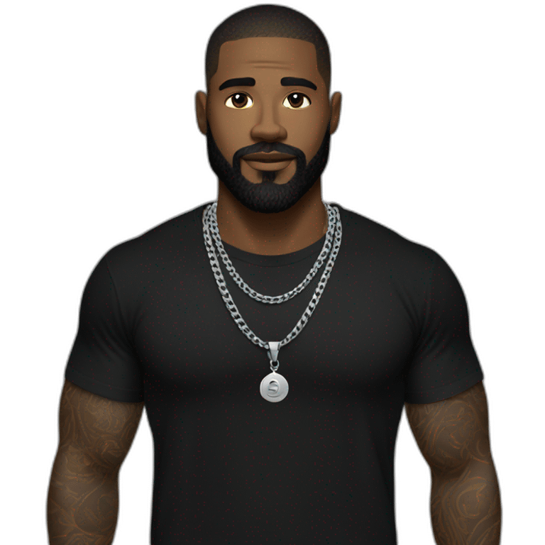 A strong white man with beard wearing men silver chain,styled on a black Full sleeve tshirt emoji