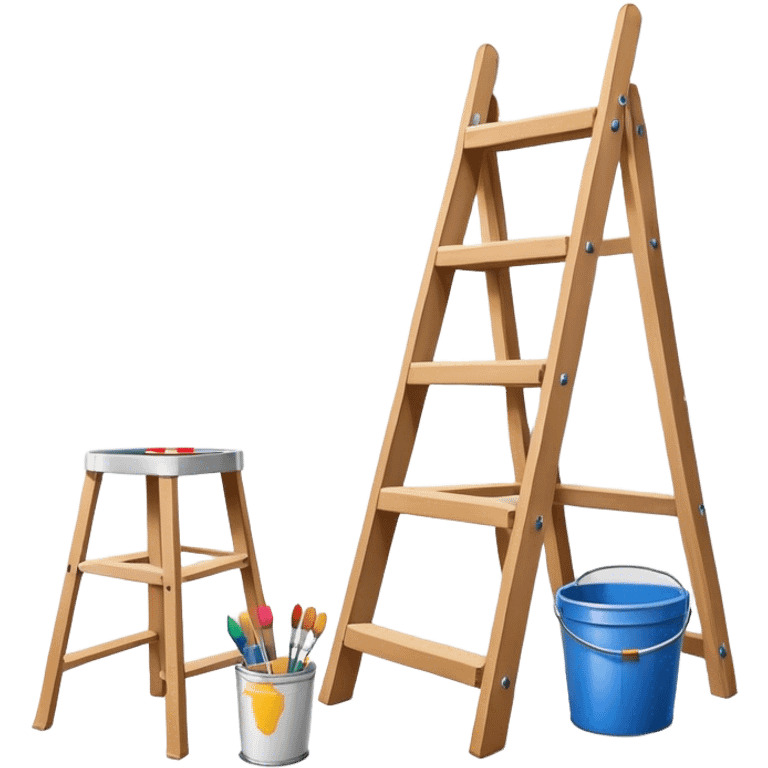 Wall painting icon. An unfinished painting painted on a white wall with no frame, visible paintbrushes, rollers, and a bucket of paint, wooden ladder beside, minimalistic style, clean lines, transparent background. emoji