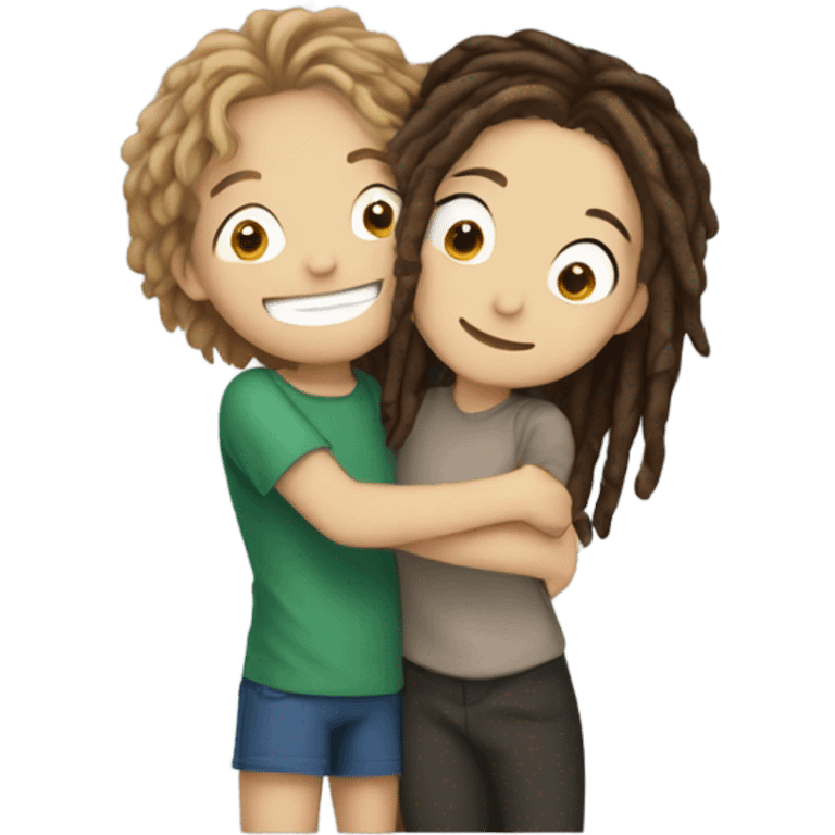 smiling boy with dreadlocks hugging a white girl with brunette hair and big eyes emoji