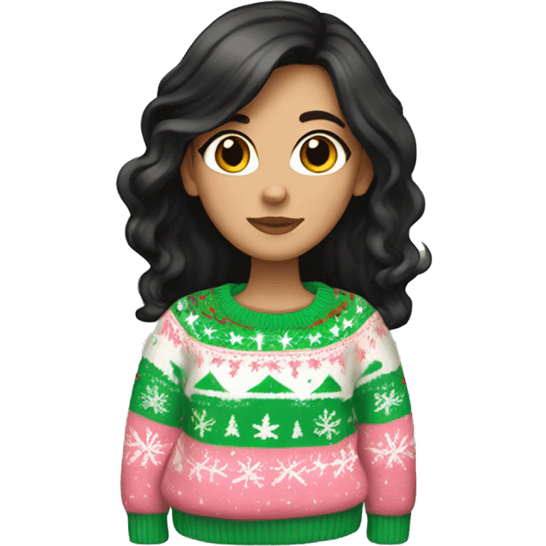 White girl with long black hair wearing a Pastel Christmas sweater emoji