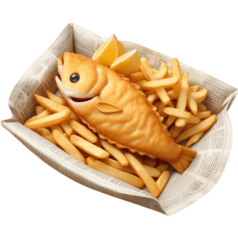 Cinematic Realistic Fish and Chips Dish Emoji, depicted with crispy golden battered fish and chunky hand‚Äêcut chips served in traditional newspaper wrapping, rendered with mouth‚Äêwatering texture and warm natural lighting that captures its quintessential British charm. emoji