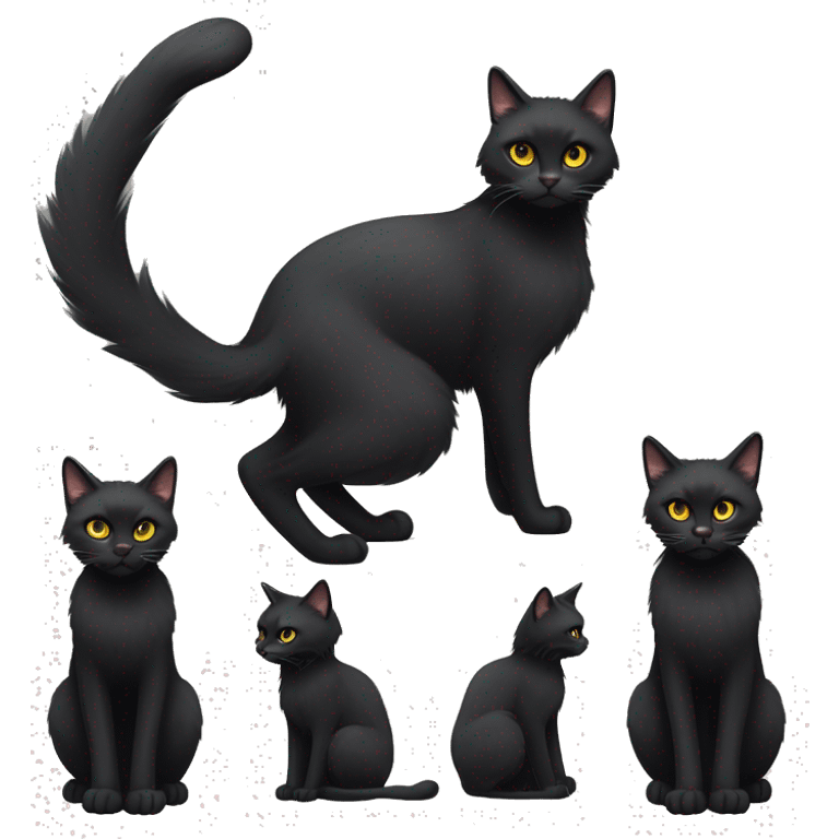 One petite, solid black furred cat. Light yellow eyes. Black pointed tufts of long fur at only the very tip-top points of its ears like a lynx. Fully body black and no other color markings. Facing forward and standing with ears slightly tilted. emoji