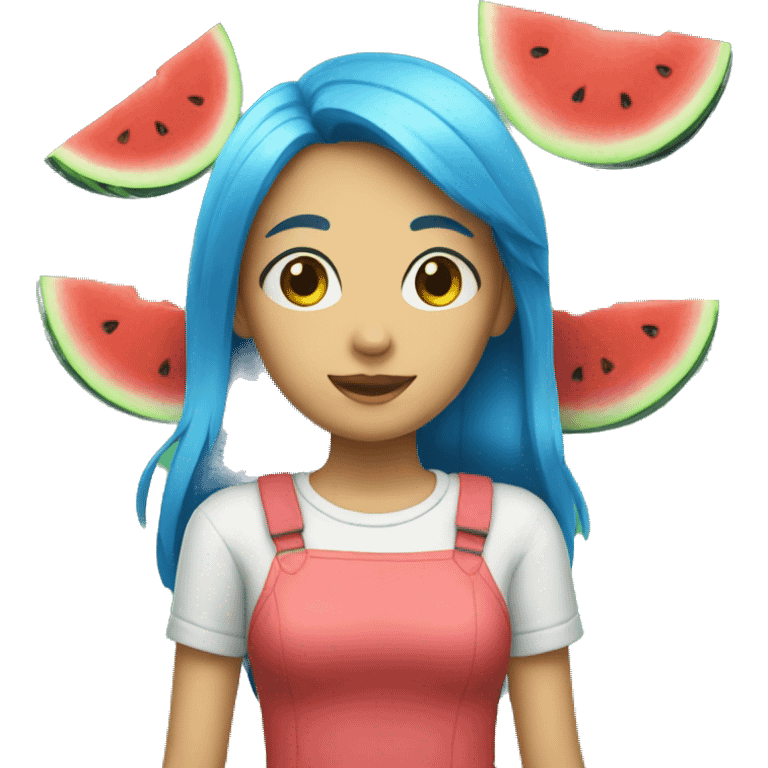 A girl with BLUE hair and a watermelon  emoji