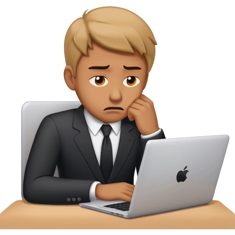 Minimalist emoji of a sad businessman at a laptop, looking exhausted and frustrated. emoji