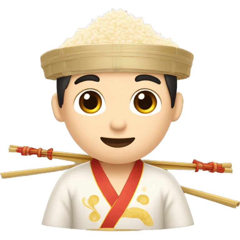 An man holding a bow of rice and noodle, dressed in Chinese Traditional clothes, Small eyes  emoji