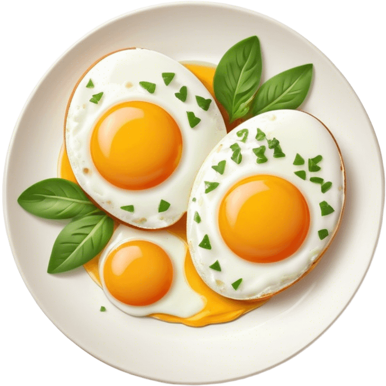 Cinematic sunny-side-up eggs, perfectly cooked with glossy yolks, crispy golden edges, sprinkled with fresh herbs, served on a rustic plate, bright and inviting, highly detailed and appetizing. emoji