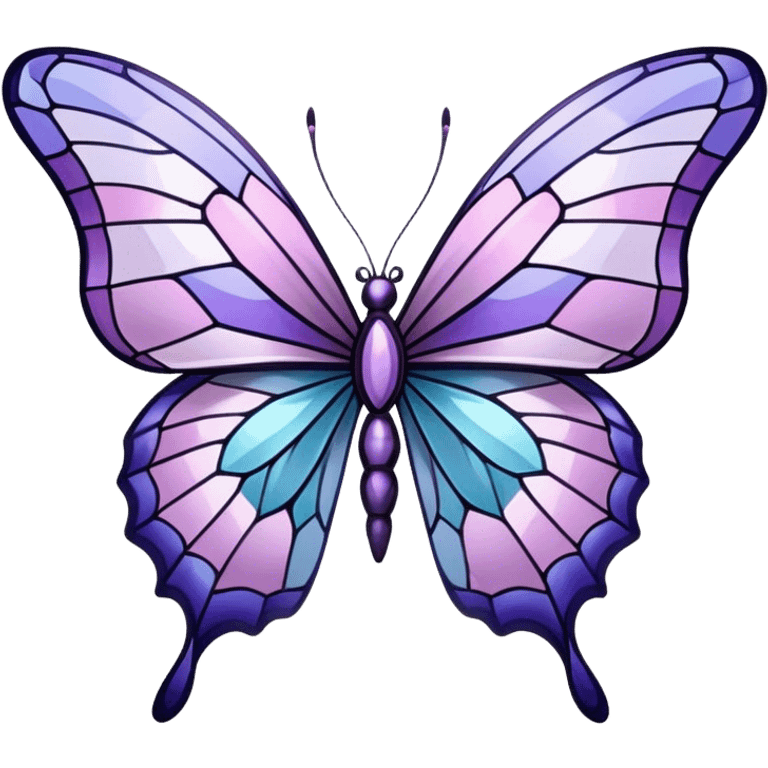 a stunningly detailed butterfly with lilac and ice-purple wings, adorned with an elegant mosaic-like pattern resembling stained glass. The wings should display a harmonious blend of swirling and geometric designs, giving them a mystical and artistic feel. The butterfly should have a graceful, elongated body with a subtle metallic sheen, enhancing its enchanting presence. emoji