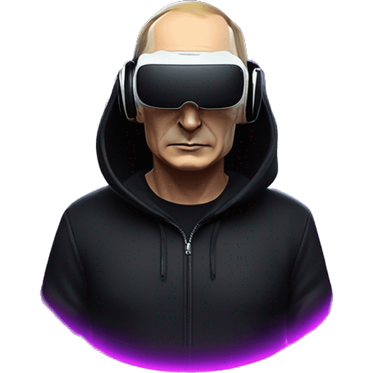 Vladimir Putin wearing a black hoodie with "OMG" letters on it and VR headset oculus quest 2 in a cyberpunk VR environment with violet neon lighting. emoji