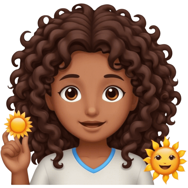 Brown girl with dark brown long curly hair saying good morning with the sun emoji