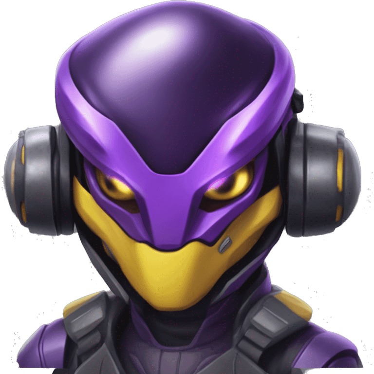 a shiny black-purple-yellow Genesect-Raptor-Fakémon—hybrid with a futuristic visor-helmet full bod emoji