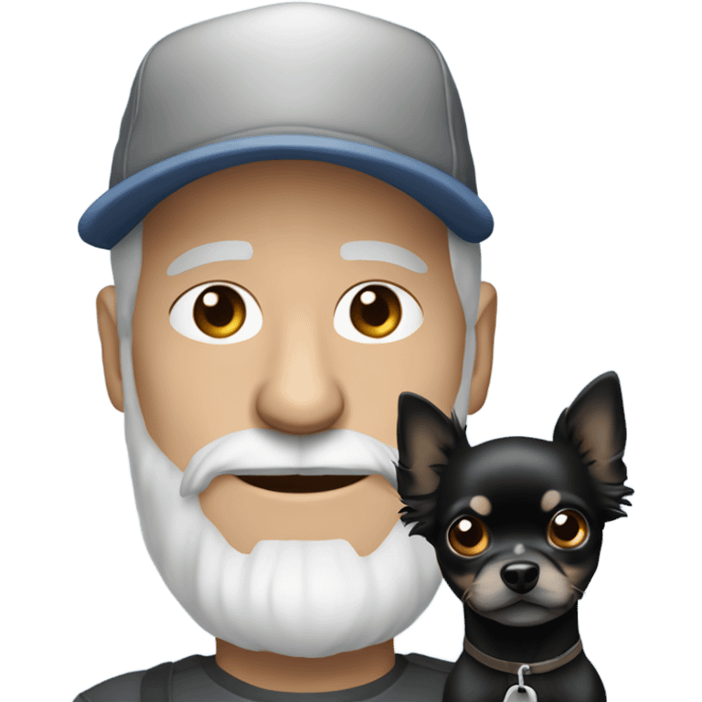 Older man with blue eyes gray hair gray goatee in ball cap holding black longhair chihuahua  emoji