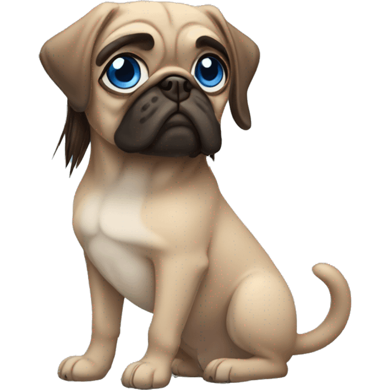 Girl with brown straight long hair and blue eyes with pug emoji