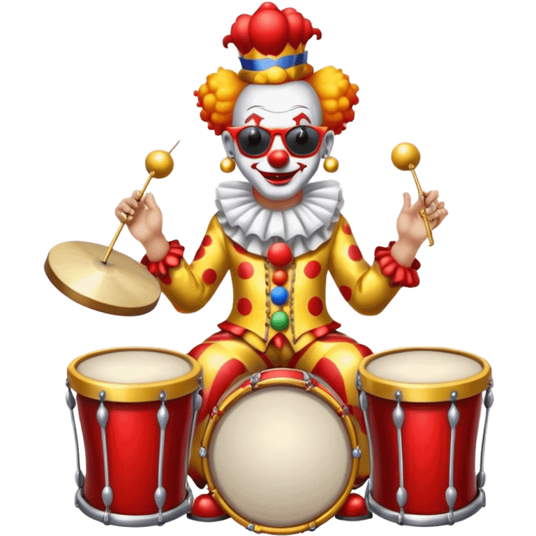 Clown with big golden chain on the neck wearing sunglasses plays drum kit full height emoji