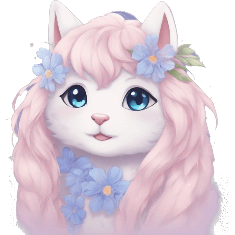 Anthro Cute Cool Blushing Pastel Innocent Shy Kawaii gorgeous sparkly ethereal fantasy anime animal creature with blue eyes furry sona with flowers and ribbons beautiful aesthetic emoji