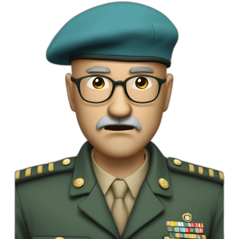 Realistic cyan beret bald very furious 50 years old man with glasses no hair furious very angry frown with khaki uniform emoji