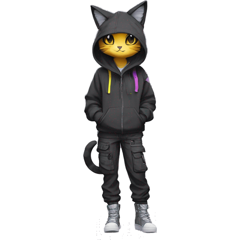 Edgy Anthro cool shy cute colorful urban beautiful pretty anime dark cat-Pokémon-fursona techwear cargo pants hoodie emoji