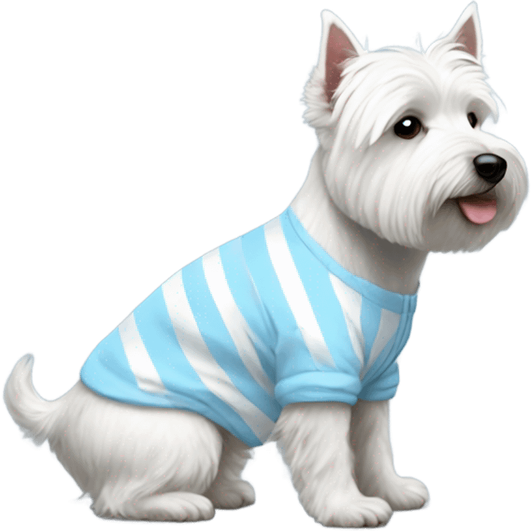 westie side view wearing light blue striped onesie emoji