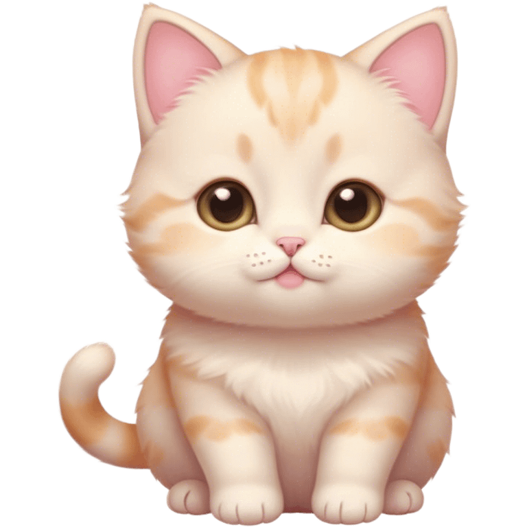 Cinematic chubby pastel kitten, big round eyes full of wonder, tiny paws reaching up, soft fluffy fur glowing in warm light, delicate heart-shaped nose, irresistibly cute and snuggly. emoji