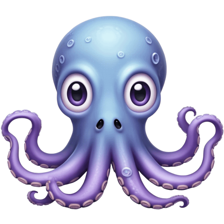 Cinematic Comical Baby Octopus Portrait Emoji, Tentacles slightly flared in a playful, exaggerated gesture, featuring a light blue-purple, rounded body with dramatically wide, hilariously expressive eyes full of surprise and innocent mischief, Simplified yet hilariously endearing features, highly detailed, glowing with a soft oceanic radiance, high shine, dramatic yet lovable, stylized with a dash of whimsical underwater mischief, soft glowing outline, capturing the essence of a delightfully silly little octopus that looks like it just made a clumsy, adorable mistake! emoji