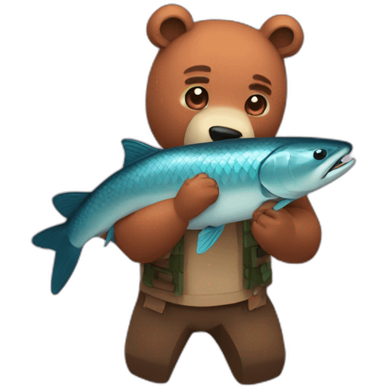 A bear catching a Minecraft salmon emoji