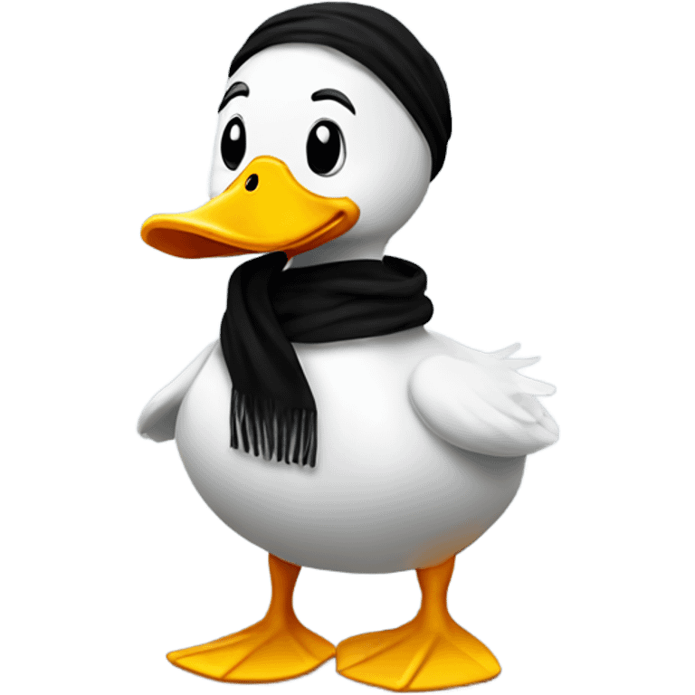 Happy duck that crossed the road and is black. Wearing a scarf emoji