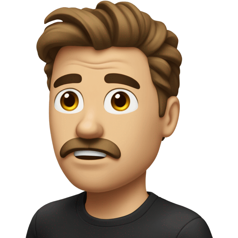  really really annoyed bored look Brown haired guy with a mustache eyes looking up bored look blowing air out of his mouth black T-shirt in his late 30s  brown mustache and hair is in a ponytail emoji