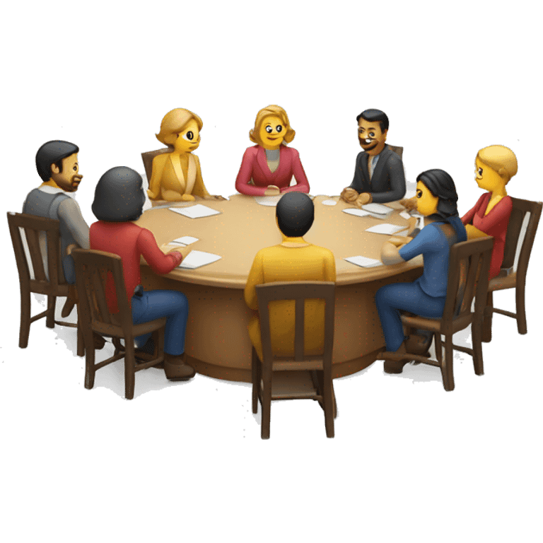 People sitting around a circular table. No yellow people, men and women emoji