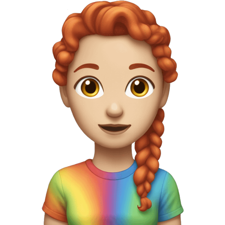 "A white woman with lengthy red curls in a ponytail, wearing a rainbow cat shirt, being cute." emoji