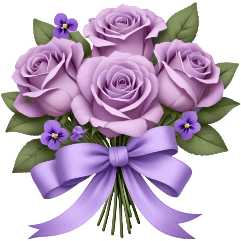 A vintage bouquet of wilted mauve roses, delicate violet pansies, and fragrant lavender sprigs is gently wrapped in soft lilac silk ribbons, tied into a loose, romantic bow, with a small heart-shaped locket resting among the petals, whispering secrets of a love long past emoji